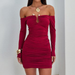 Metal Button Bodycon Fitted Long Sleeve Pencil Skirt Dress