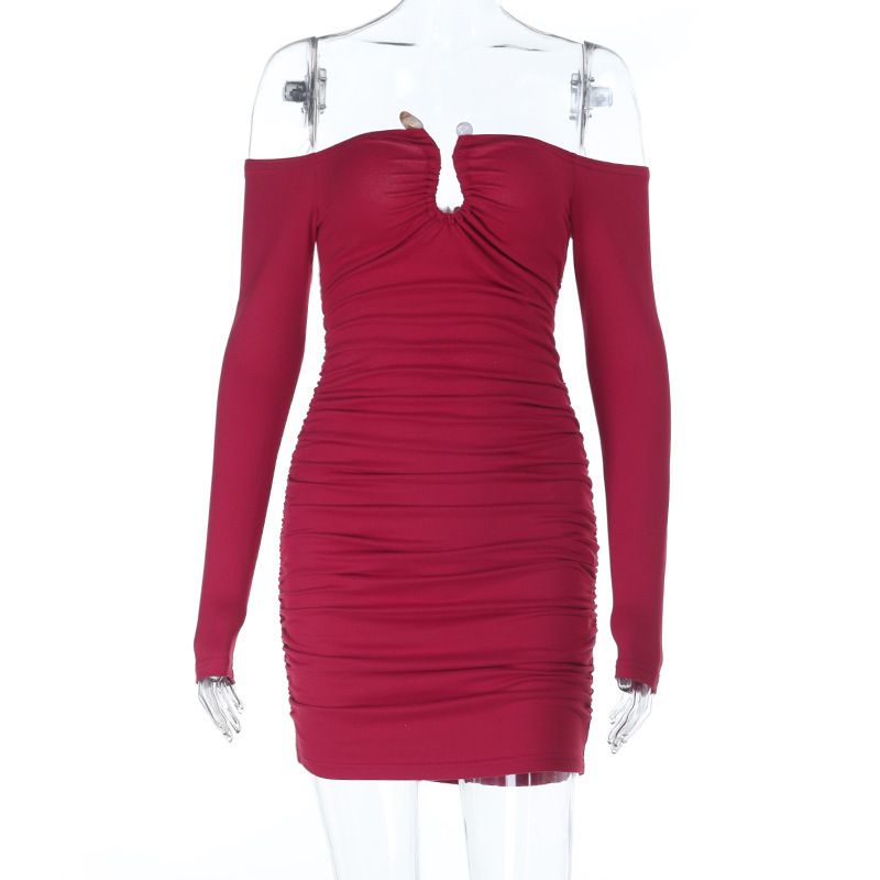 Metal Button Bodycon Fitted Long Sleeve Pencil Skirt Dress