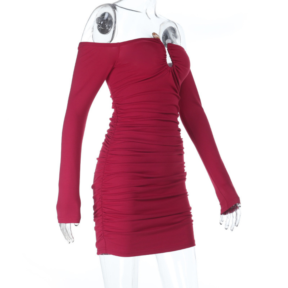Metal Button Bodycon Fitted Long Sleeve Pencil Skirt Dress