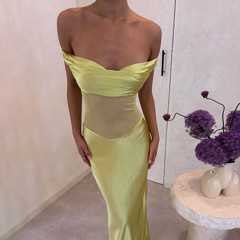 Off-the-Shoulder Satin & Tulle Gown – Elegant Sheer Panel Evening Dress