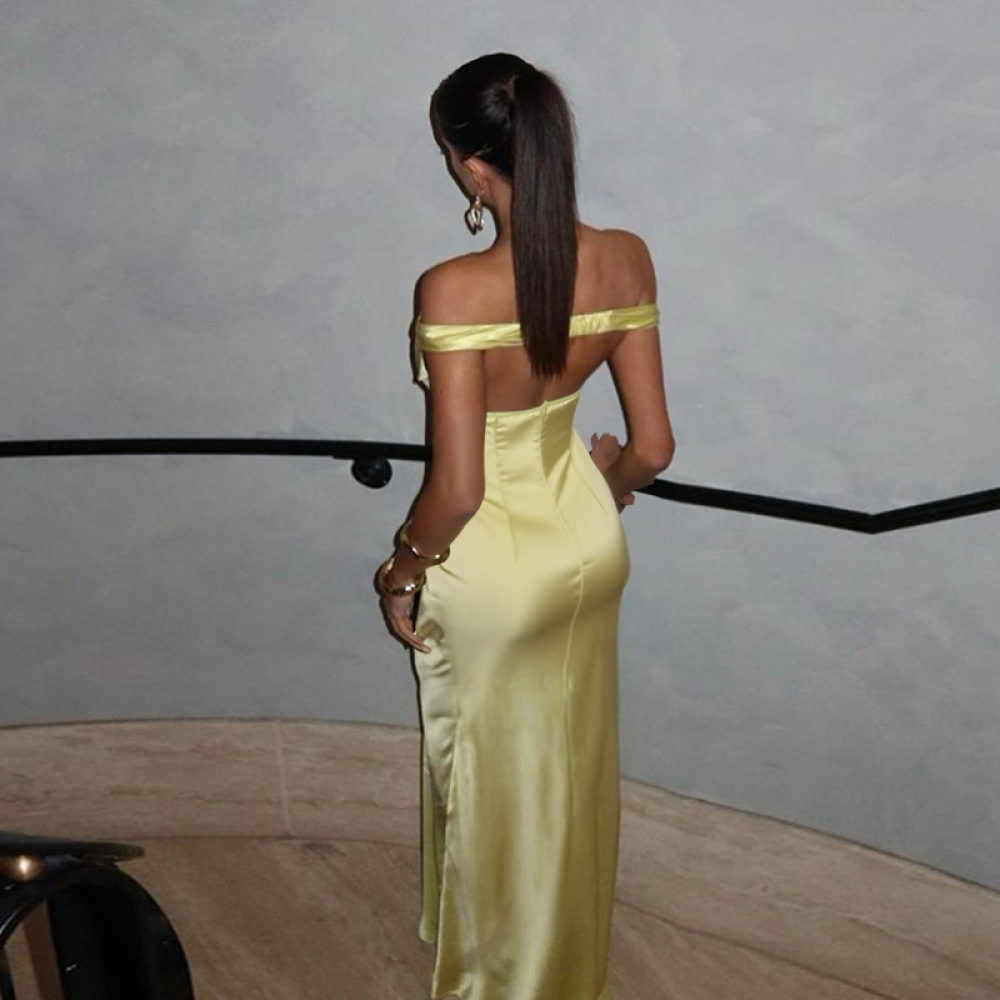 Off-the-Shoulder Satin & Tulle Gown – Elegant Sheer Panel Evening Dress