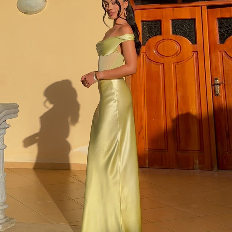 Off-the-Shoulder Satin & Tulle Gown – Elegant Sheer Panel Evening Dress