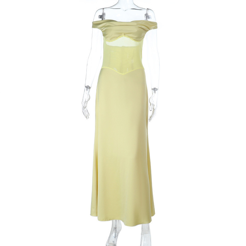Off-the-Shoulder Satin & Tulle Gown – Elegant Sheer Panel Evening Dress