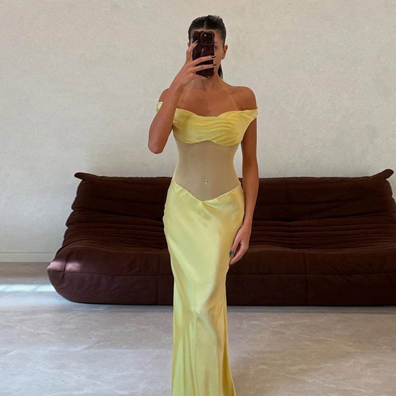 Off-the-Shoulder Satin & Tulle Gown – Elegant Sheer Panel Evening Dress