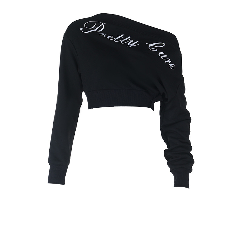 Oversized Letter Print Pullover Trendy One-Shoulder Crop Sweatshirt 