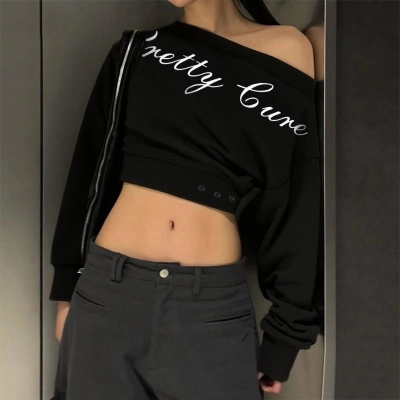 Oversized Letter Print Pullover Trendy One-Shoulder Crop Sweatshirt  02