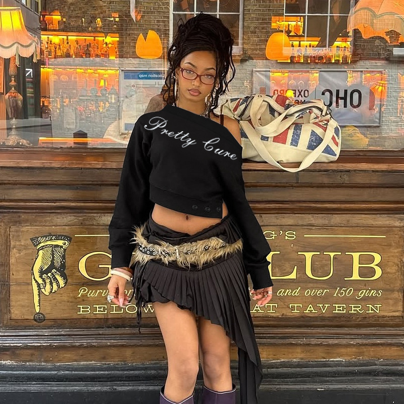 Oversized Letter Print Pullover Trendy One-Shoulder Crop Sweatshirt 