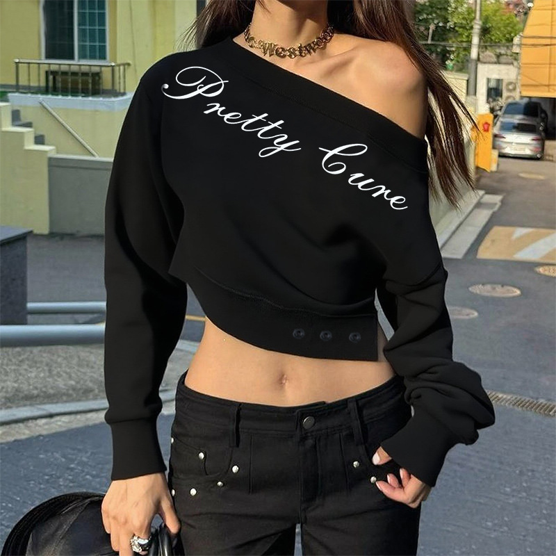 Oversized Letter Print Pullover Trendy One-Shoulder Crop Sweatshirt 