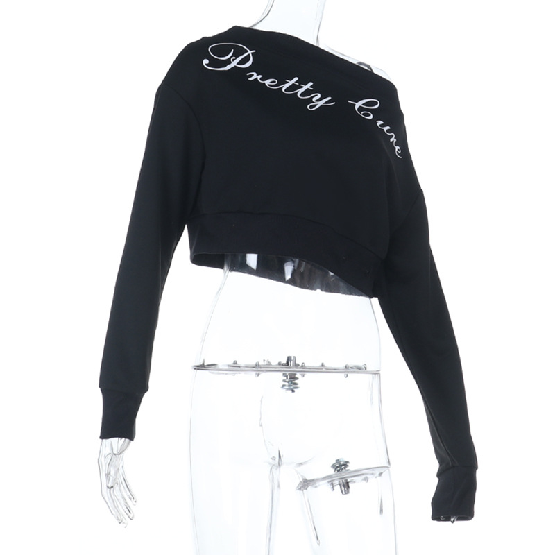Oversized Letter Print Pullover Trendy One-Shoulder Crop Sweatshirt 