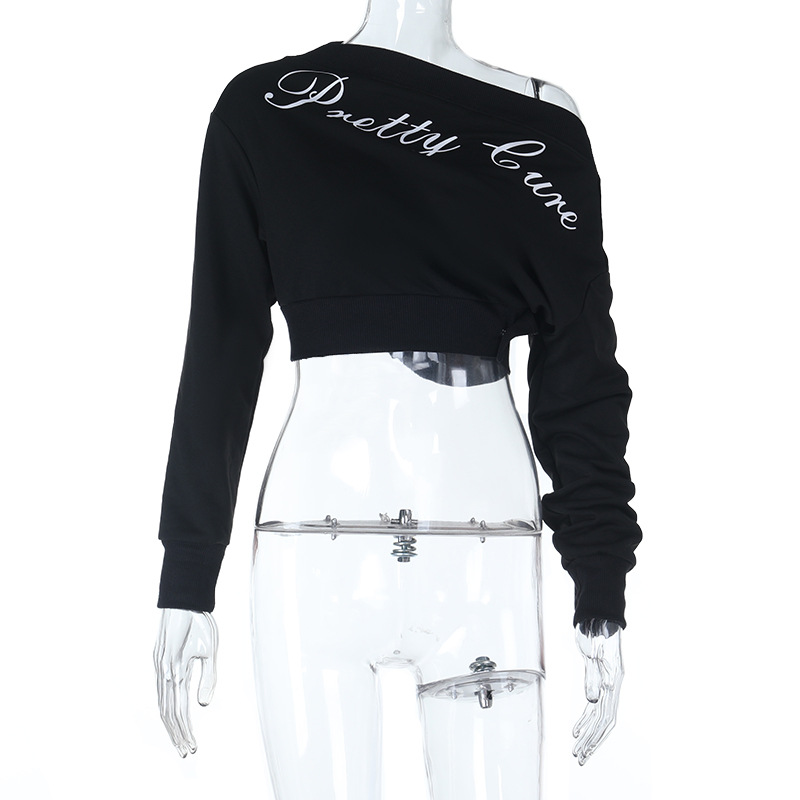 Oversized Letter Print Pullover Trendy One-Shoulder Crop Sweatshirt 
