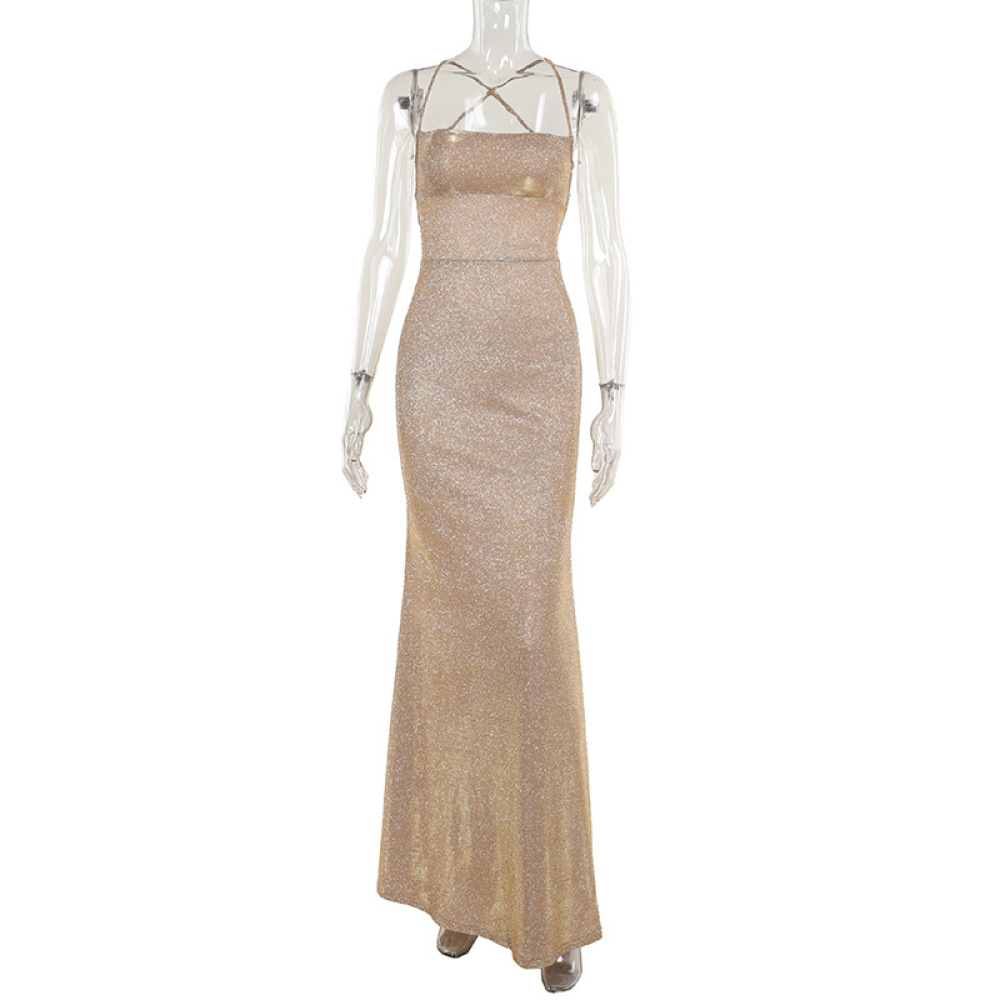 Sparkly Backless Tie-Back Dress – Elegant Glitter Slip Gown with Thin Straps