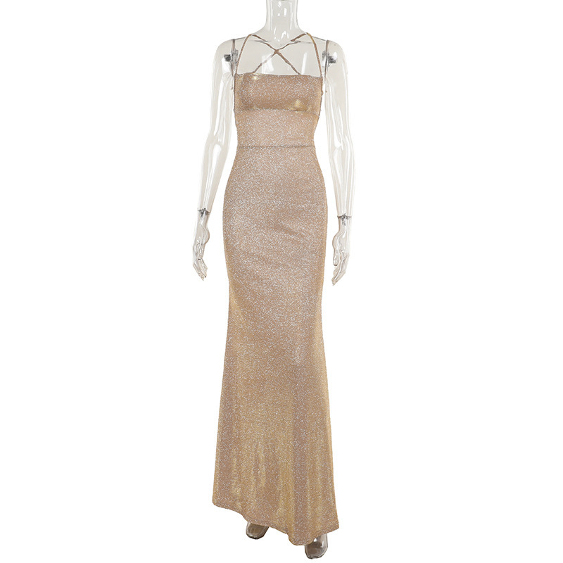 Sparkly Backless Tie-Back Dress – Elegant Glitter Slip Gown with Thin Straps