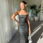 Sparkly Backless Tie-Back Dress – Elegant Glitter Slip Gown with Thin Straps