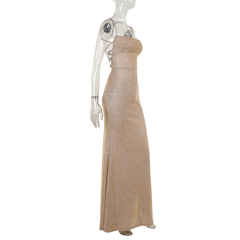 Sparkly Backless Tie-Back Dress – Elegant Glitter Slip Gown with Thin Straps