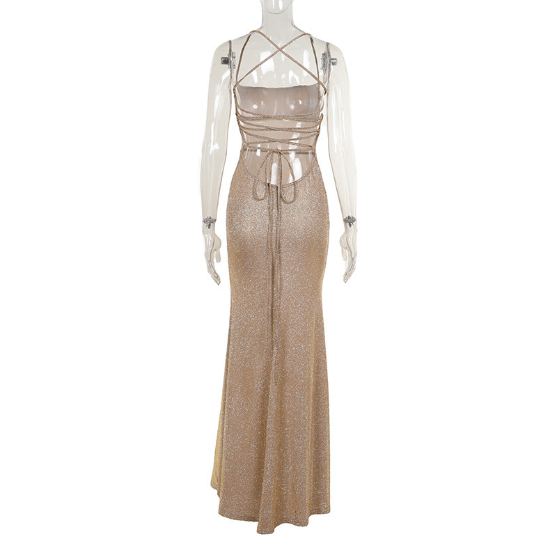 Sparkly Backless Tie-Back Dress – Elegant Glitter Slip Gown with Thin Straps