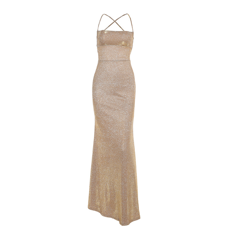 Sparkly Backless Tie-Back Dress – Elegant Glitter Slip Gown with Thin Straps