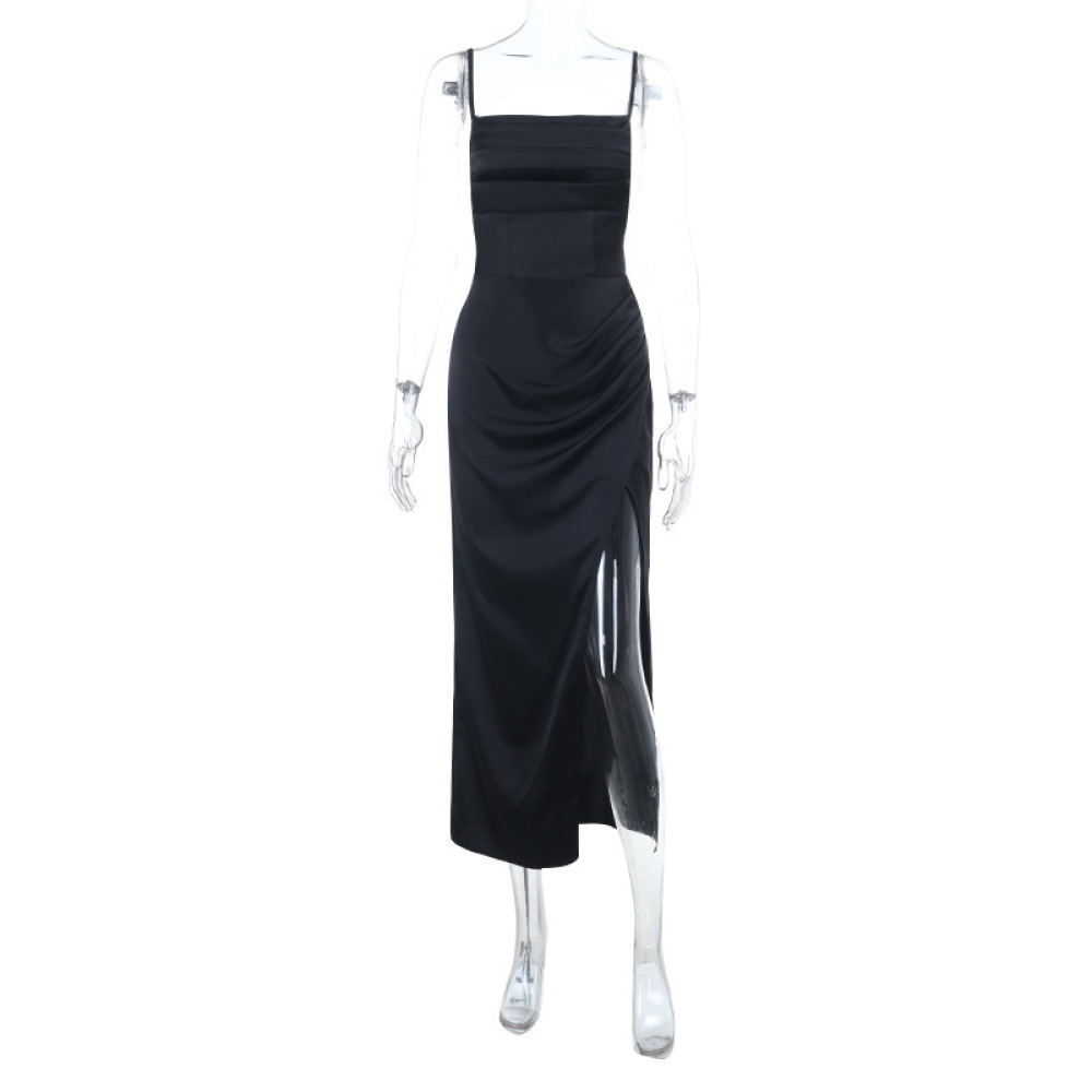 Sexy Thin Strap Bodycon Gown Satin Slip Dress with High Slit 