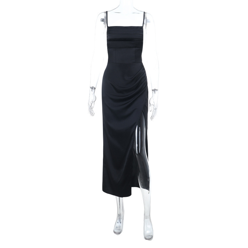 Sexy Thin Strap Bodycon Gown Satin Slip Dress with High Slit 