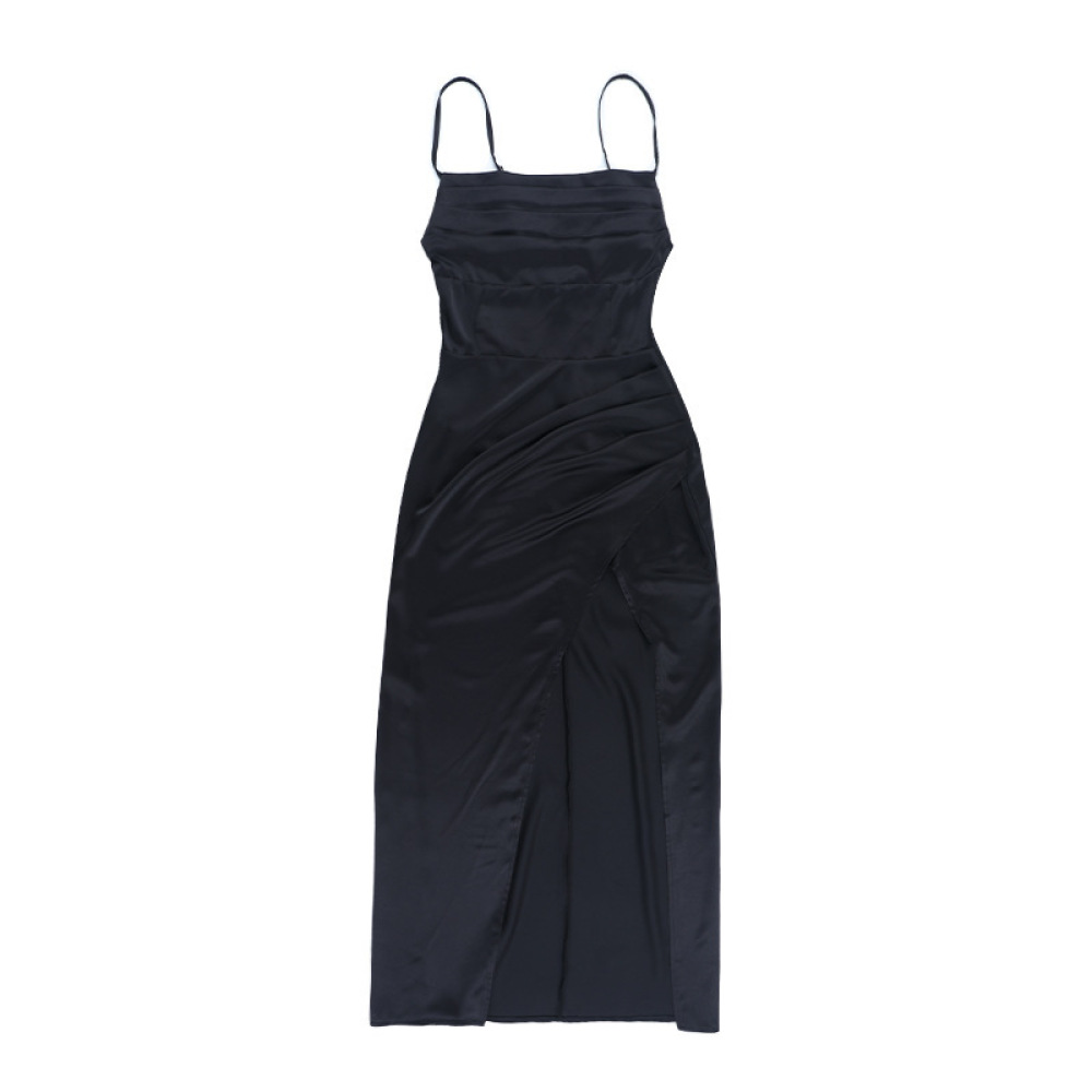 Sexy Thin Strap Bodycon Gown Satin Slip Dress with High Slit 
