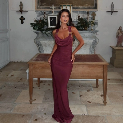 Sexy Fitted Bodycon Long Gown Draped Halter Backless Dress 02