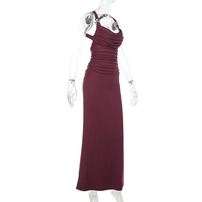 Sexy Fitted Bodycon Long Gown Draped Halter Backless Dress