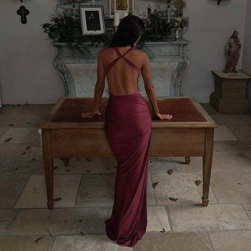 Sexy Fitted Bodycon Long Gown Draped Halter Backless Dress