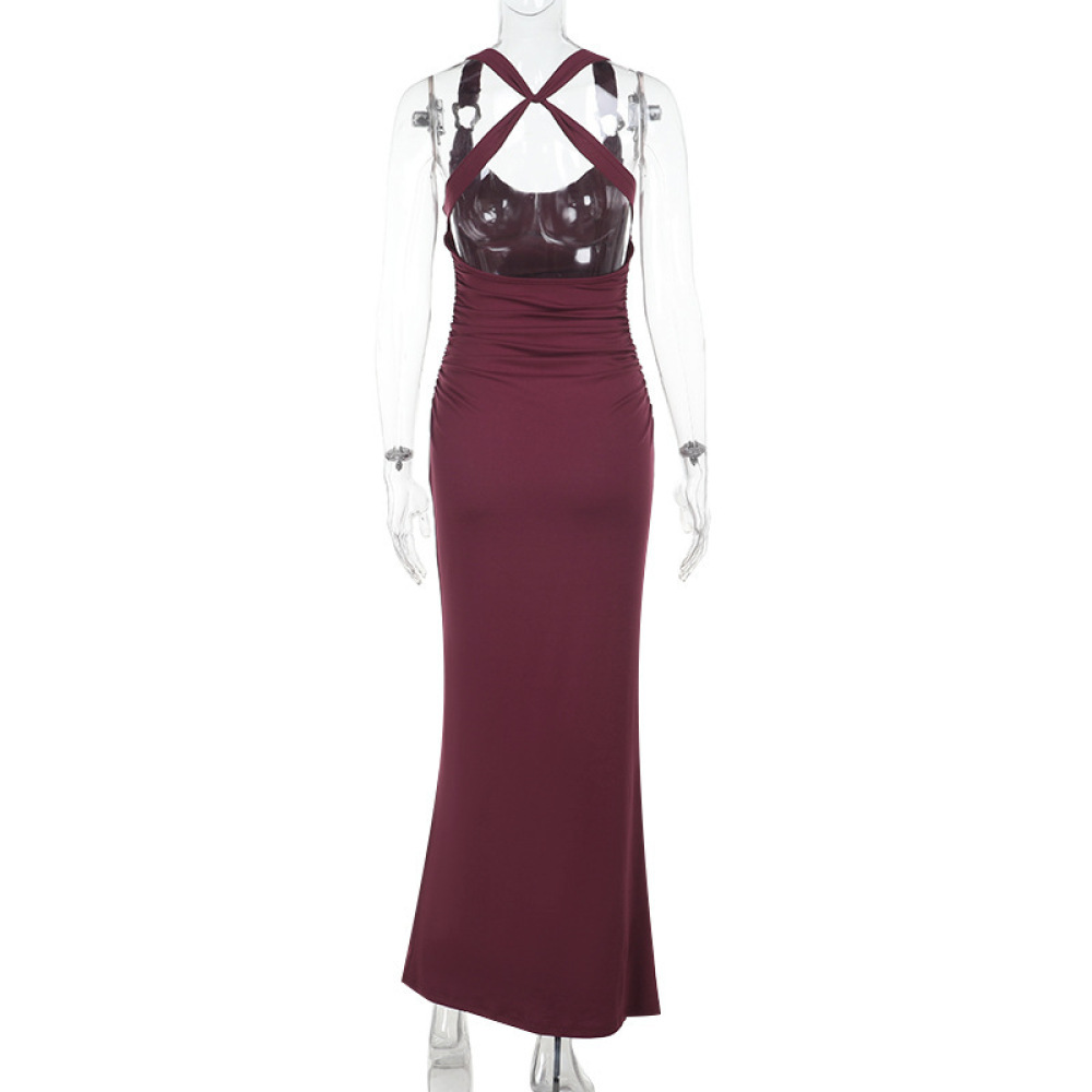 Sexy Fitted Bodycon Long Gown Draped Halter Backless Dress