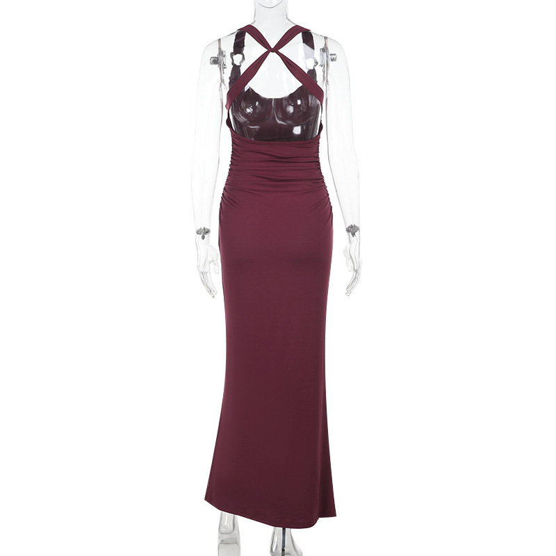 Sexy Fitted Bodycon Long Gown Draped Halter Backless Dress