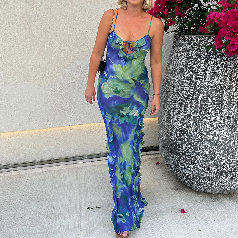 Sexy Hot Girl Thin Strap Ruffled Bodycon Dress 