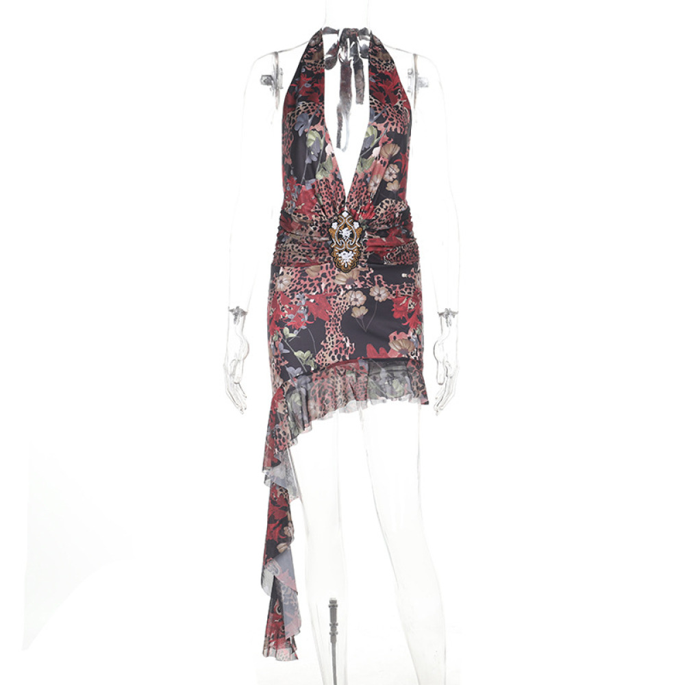 Animal Print Bodycon Deep V Cutout Halter Maxi Dress with Tie Straps
