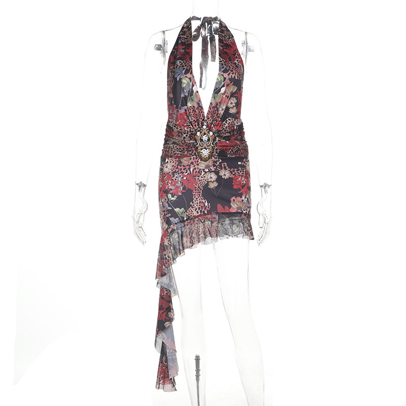 Animal Print Bodycon Deep V Cutout Halter Maxi Dress with Tie Straps