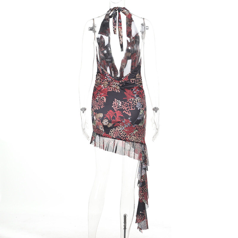 Animal Print Bodycon Deep V Cutout Halter Maxi Dress with Tie Straps