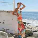 Women's Sleeveless Backless Beach Dress with Tropical Print
