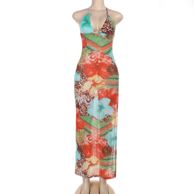 Women's Sleeveless Backless Beach Dress with Tropical Print