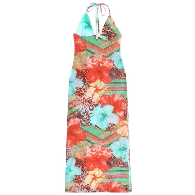 Women's Sleeveless Backless Beach Dress with Tropical Print 01
