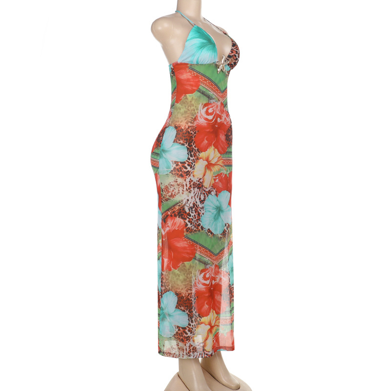 Women's Sleeveless Backless Beach Dress with Tropical Print