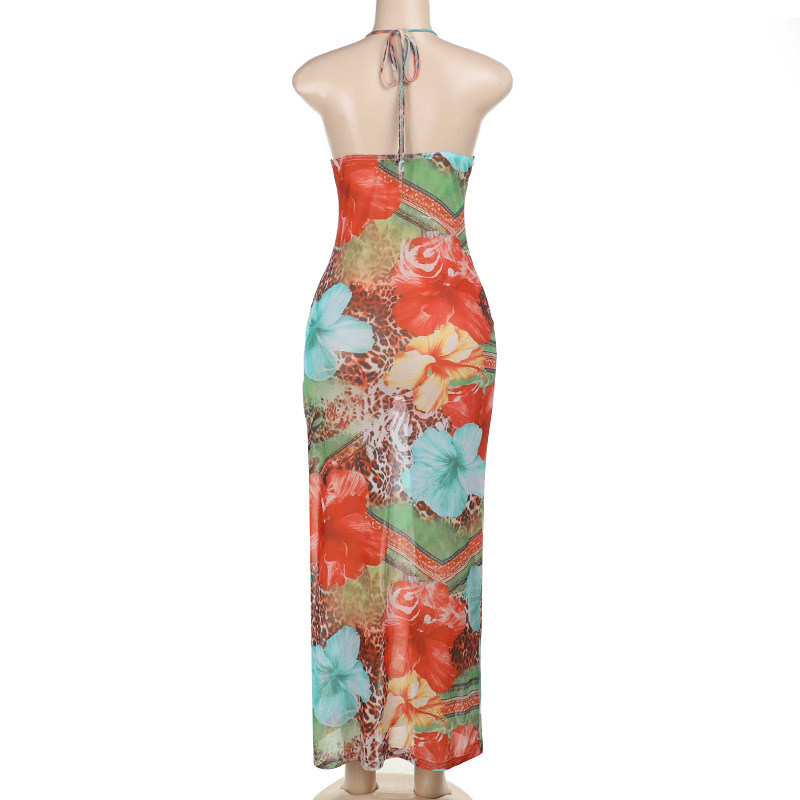 Women's Sleeveless Backless Beach Dress with Tropical Print
