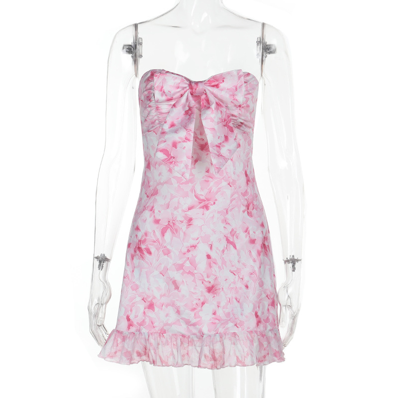 Floral Print Strapless Bow Tie Dress
