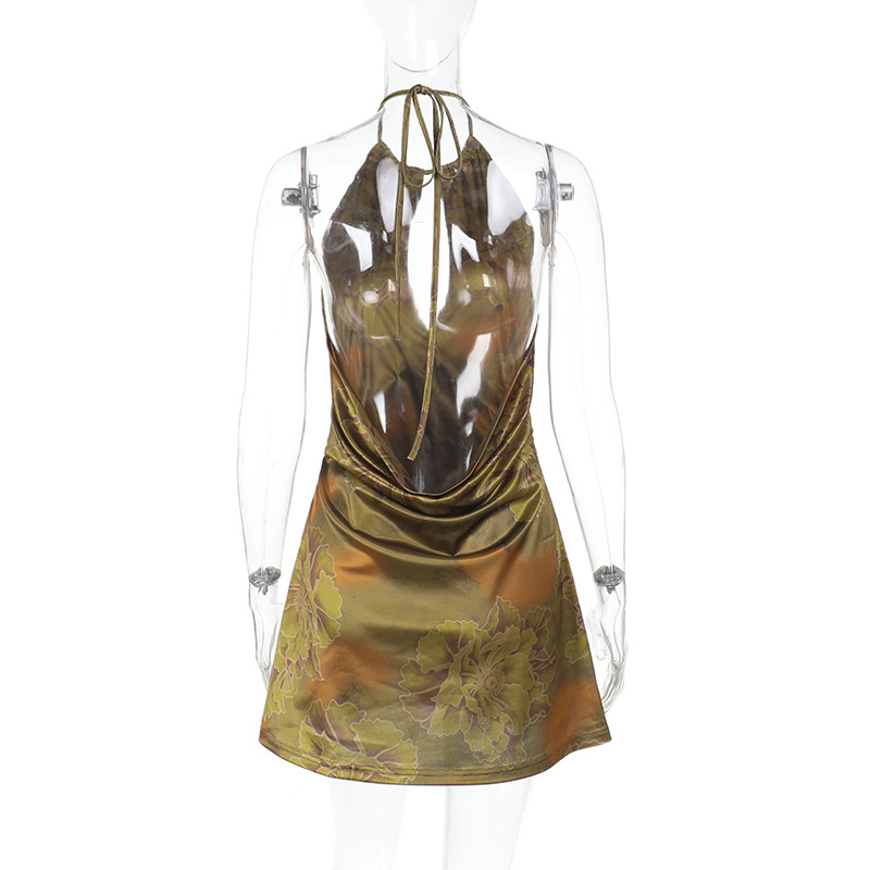 Sexy Printed Halter Neck  Backless Strappy Ruched Dress 