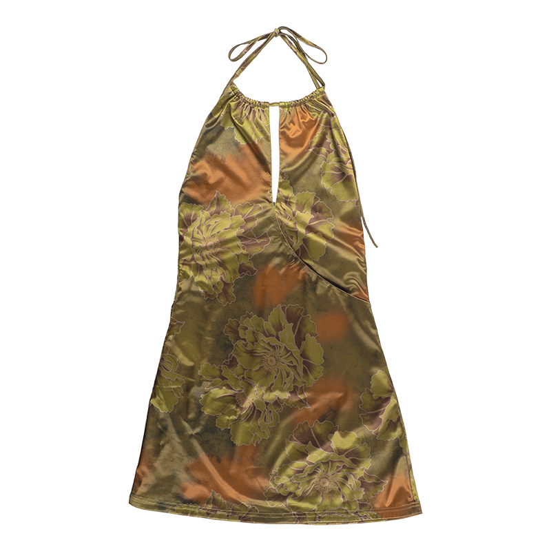 Sexy Printed Halter Neck  Backless Strappy Ruched Dress 