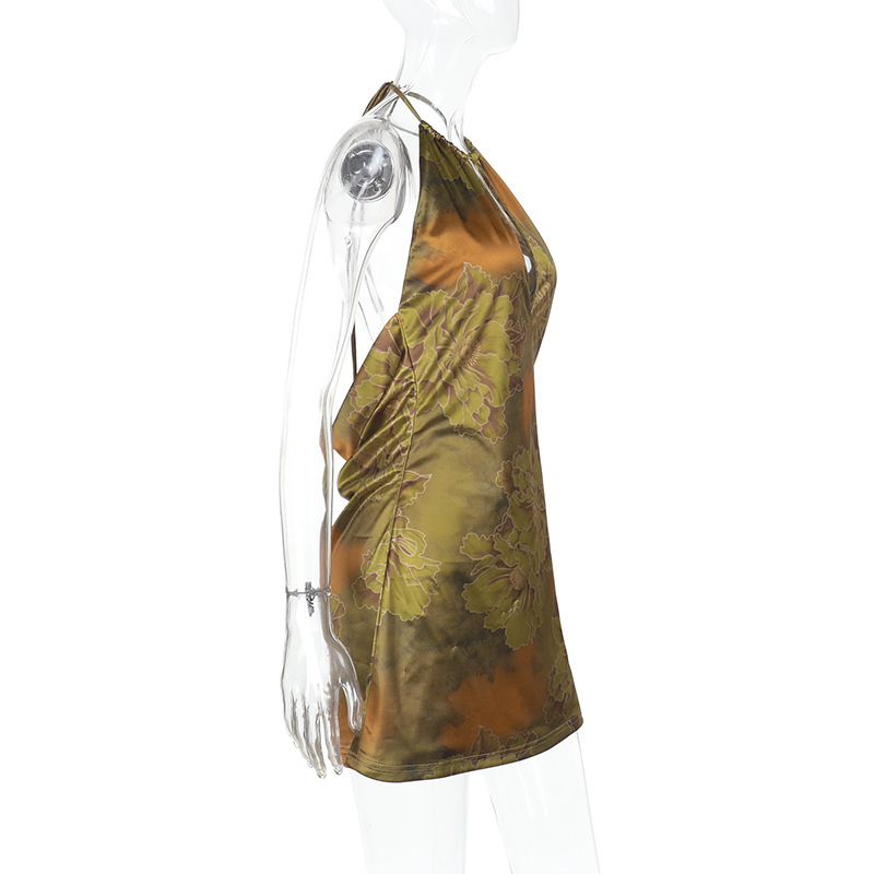 Sexy Printed Halter Neck  Backless Strappy Ruched Dress 