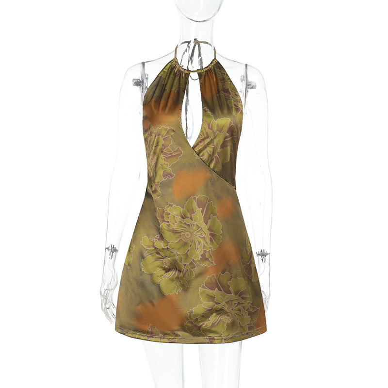 Sexy Printed Halter Neck  Backless Strappy Ruched Dress 