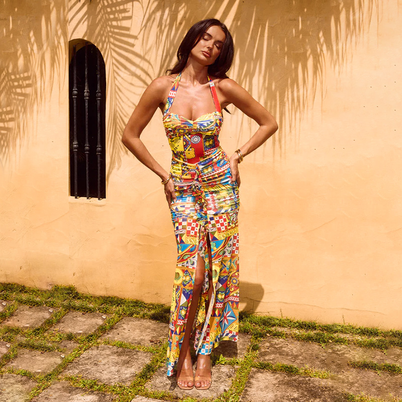  Colorful Halter Maxi High Slit Party Dress with Tie Straps