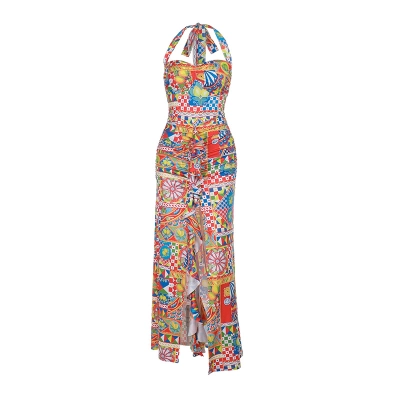  Colorful Halter Maxi High Slit Party Dress with Tie Straps 01
