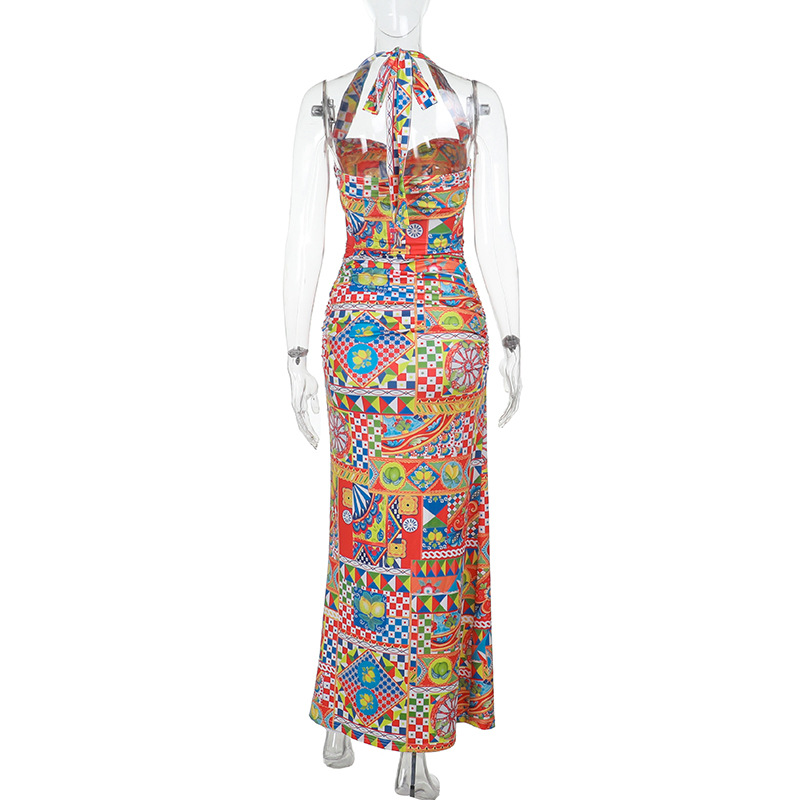  Colorful Halter Maxi High Slit Party Dress with Tie Straps