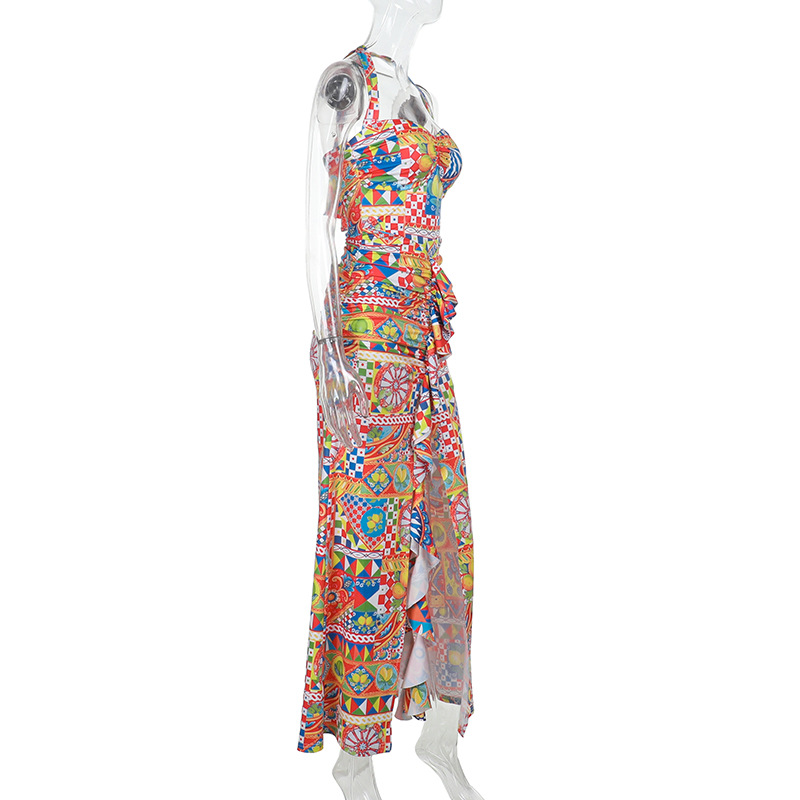  Colorful Halter Maxi High Slit Party Dress with Tie Straps