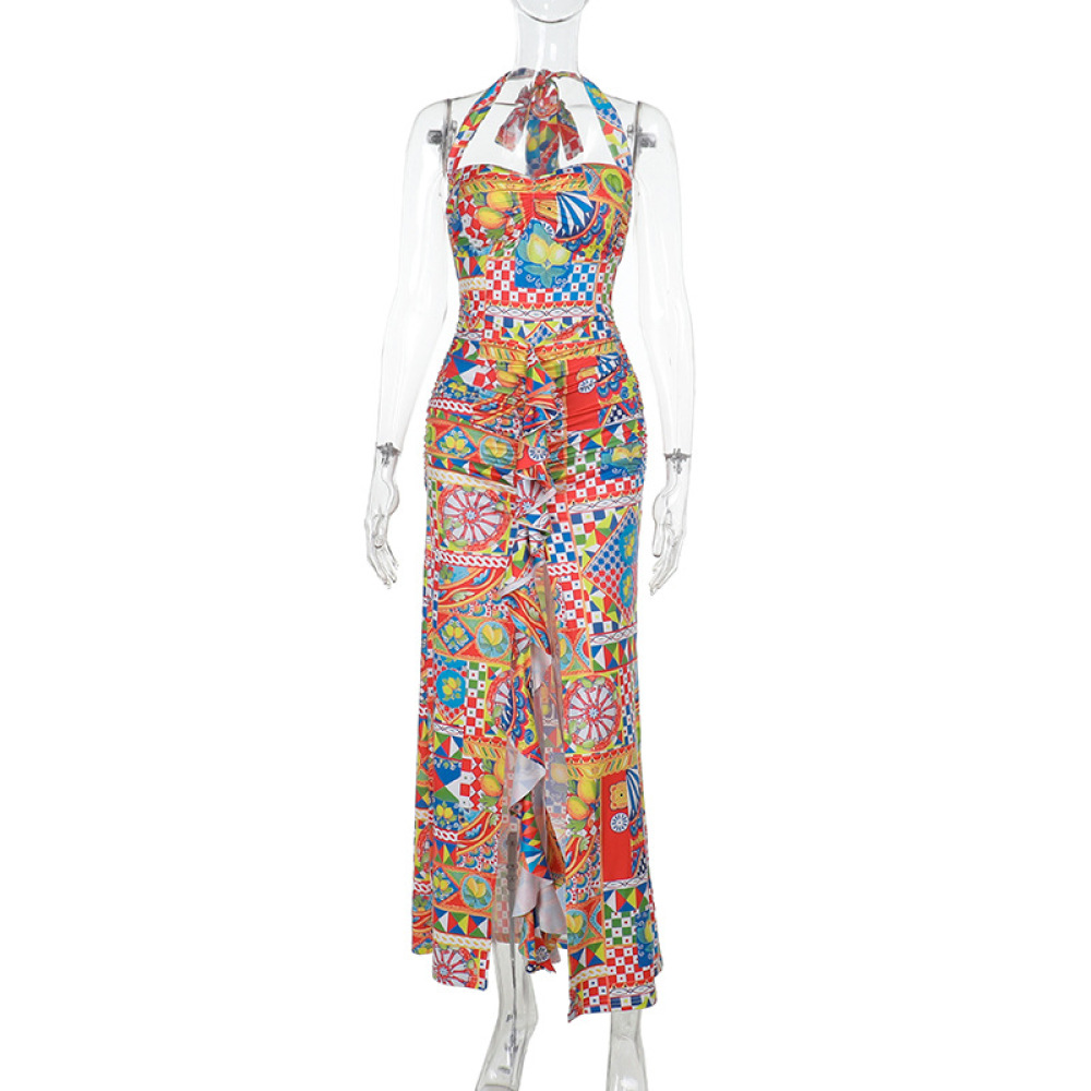  Colorful Halter Maxi High Slit Party Dress with Tie Straps