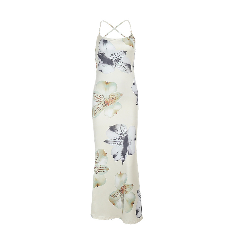  Sexy Printed Backless Sundress V-Neck Adjustable Strappy Maxi Dress