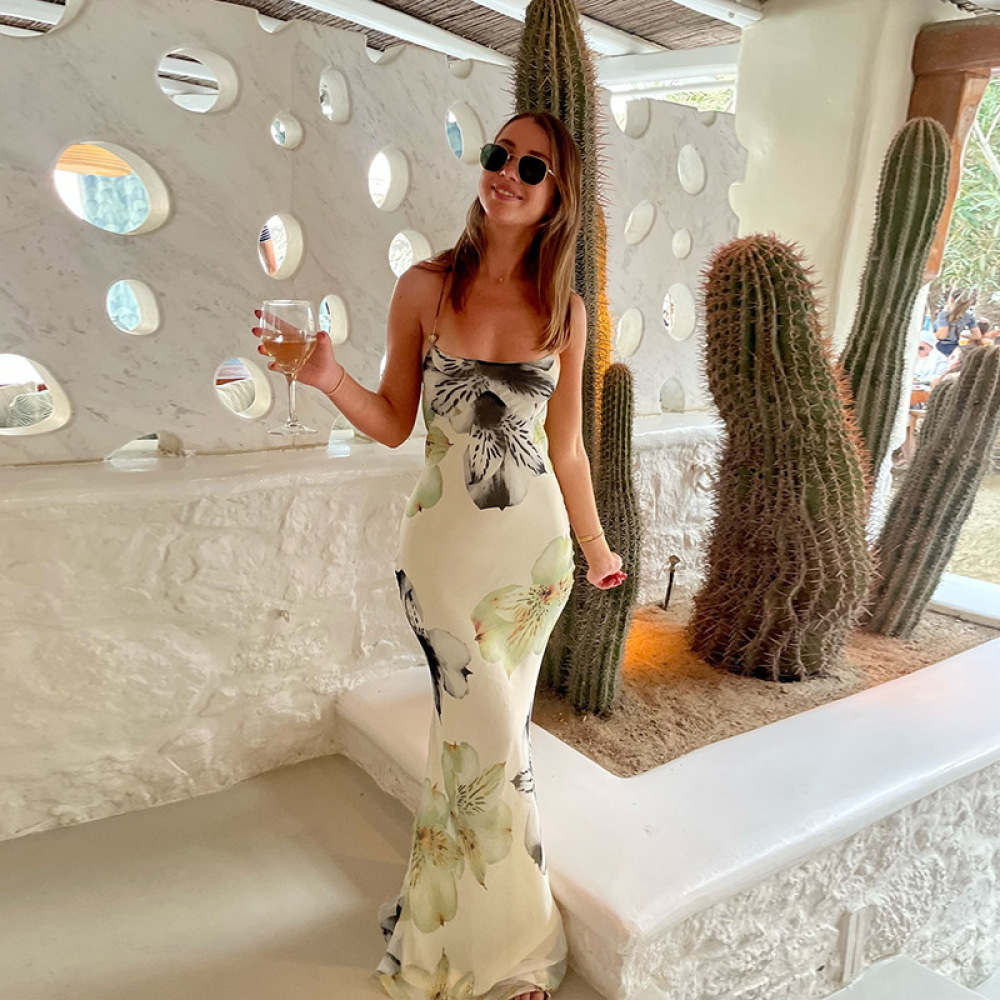  Sexy Printed Backless Sundress V-Neck Adjustable Strappy Maxi Dress