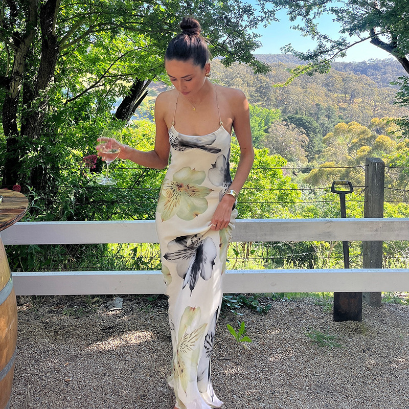  Sexy Printed Backless Sundress V-Neck Adjustable Strappy Maxi Dress